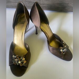 Stuart Weitzman brown satin "Blarneystone" d'orsay heels with stones EUC, sz 9.5
